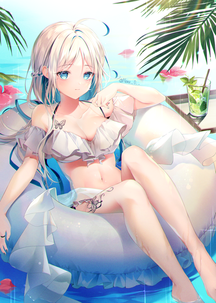 Anime picture 3000x4200 with original naru single long hair tall image looking at viewer blush fringe highres breasts blue eyes light erotic hair between eyes large breasts signed payot cleavage silver hair ahoge braid (braids)