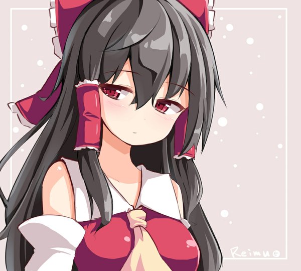 Anime picture 900x811 with touhou hakurei reimu ominaeshi (takenoko) single long hair fringe breasts black hair simple background large breasts bare shoulders signed looking away traditional clothes pink eyes messy hair girl hair ornament ribbon (ribbons) bow