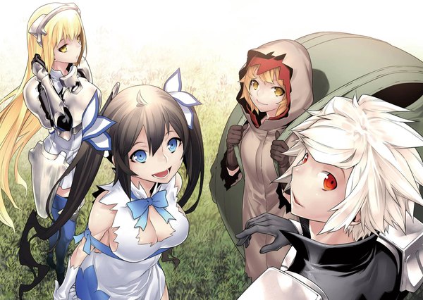 Anime picture 1800x1280 with dungeon ni deai wo motomeru no wa machigatteiru darou ka j.c. staff hestia (danmachi) bell cranel aiz wallenstein liliruka aede kunieda long hair looking at viewer highres short hair breasts blue eyes light erotic black hair blonde hair smile red eyes twintails multiple girls