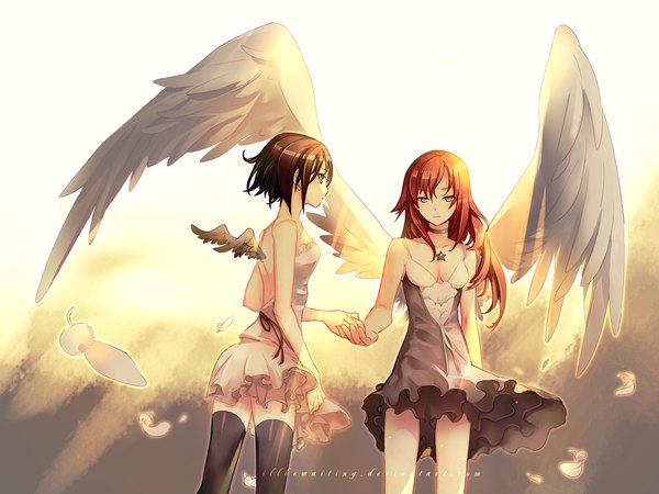 Anime picture 1024x768 with original illbewaiting (artist) long hair short hair brown hair bare shoulders multiple girls brown eyes cleavage sunlight orange hair orange eyes sleeveless couple back holding hands angel wings girl thighhighs dress