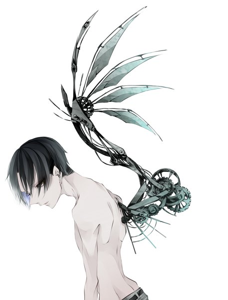 Anime picture 1600x2100 with shingeki no kyojin production i.g levi (rivaille) single tall image looking at viewer short hair black hair simple background white background profile pale skin mechanical wings boy wings jeans