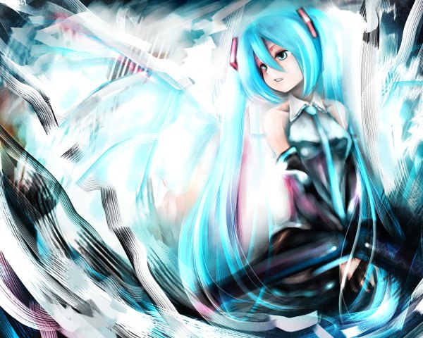 Anime picture 1280x1024 with vocaloid hatsune miku tsukei single long hair fringe hair between eyes standing twintails bare shoulders looking away aqua eyes aqua hair girl detached sleeves necktie