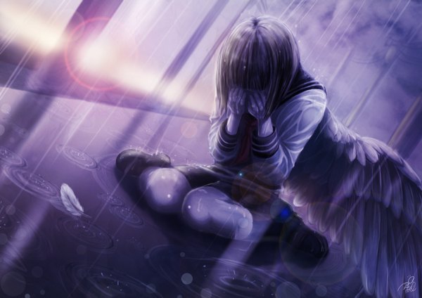 Anime picture 1600x1131 with original gingami fringe short hair brown hair sitting signed wet lens flare wariza monochrome rain wet clothes covering crying purple background hands on face covering face single wing girl