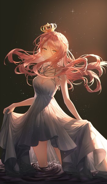 Anime picture 3500x6000 with original raki (pixiv65052956) single long hair tall image looking at viewer blush fringe highres breasts simple background hair between eyes standing pink hair absurdres cleavage braid (braids) light smile sparkle wet