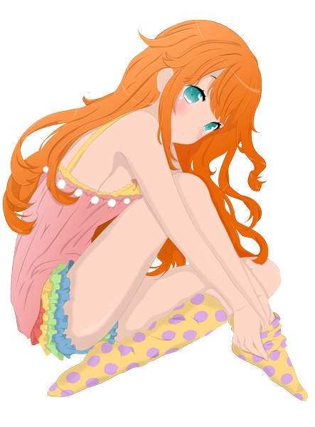 Anime picture 2180x2950 with cuteg single long hair tall image blush highres green eyes orange hair transparent background polka dot girl socks polka dot legwear