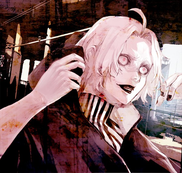 Anime picture 1050x1000 with tokyo ghoul studio pierrot takizawa seidou wyx2 single short hair smile red eyes holding looking away upper body ahoge white hair nail polish arms up lipstick striped frown spoilers crazy smile
