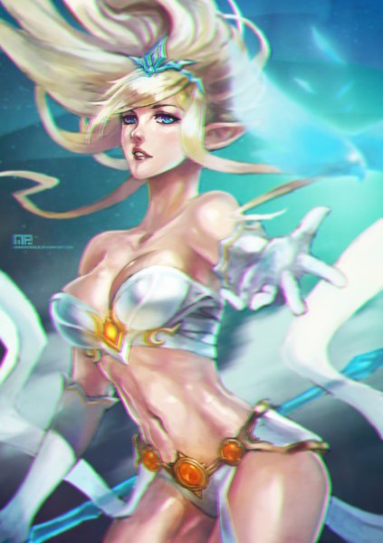 Anime picture 2473x3508 with league of legends janna windforce monori rogue single long hair tall image looking at viewer highres breasts blue eyes light erotic blonde hair lips pointy ears bare belly midriff girl gloves navel elbow gloves