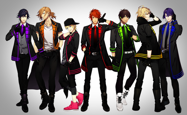 Anime picture 3640x2250 with uta no prince-sama a-1 pictures jinguji ren hijirikawa masato ichinose tokiya ittoki otoya kurusu shou shinomiya natsuki aijima cecil haruno ake looking at viewer highres short hair blue eyes simple background blonde hair smile red eyes brown hair wide image