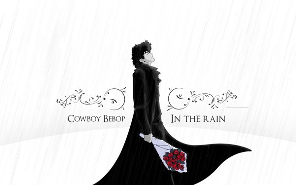 Anime picture 1920x1200 with cowboy bebop sunrise (studio) spike spiegel single highres wide image white background profile rain boy rose (roses) cloak bouquet
