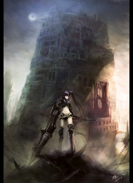 Anime picture 930x1280 with black rock shooter insane black rock shooter crowdesu single long hair tall image black hair twintails signed pink eyes bare belly scar destruction girl navel weapon sword shorts belt armor