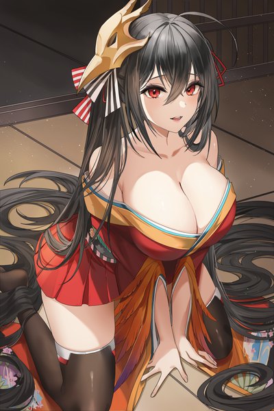 Anime picture 4000x6000 with azur lane taihou (azur lane) lillly single tall image looking at viewer fringe highres breasts open mouth light erotic black hair smile hair between eyes red eyes large breasts absurdres cleavage ahoge bent knee (knees)