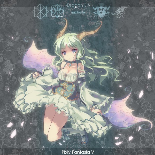 Anime picture 2480x2480 with original pixiv fantasia pixiv fantasia v north abyssor single long hair highres breasts smile large breasts green eyes cleavage bent knee (knees) horn (horns) green hair wide sleeves legs wavy hair floral background monster girl