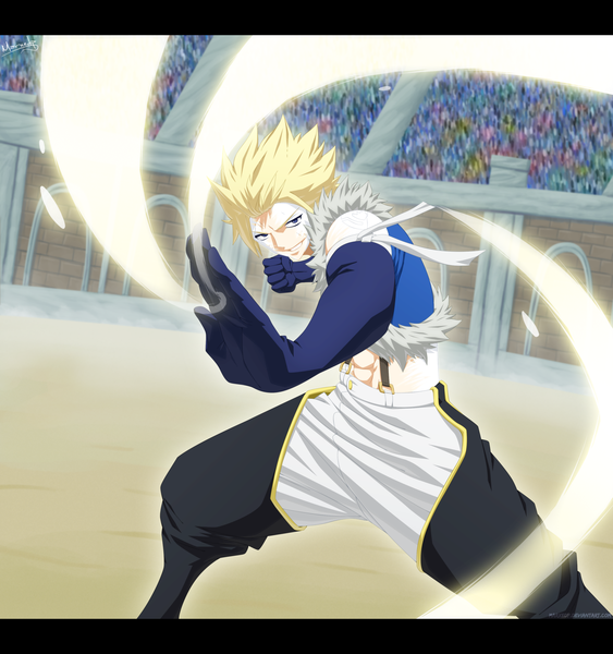 Anime picture 1600x1705 with fairy tail sting eucliffe marxedp single tall image short hair blue eyes blonde hair smile coloring magic muscle boy gloves elbow gloves fur fist