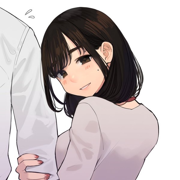 Anime picture 1500x1500 with ganbare douki-chan kouhai-chan (douki-chan) douki-kun (douki-chan) yomu (sgt epper) looking at viewer blush fringe short hair simple background smile brown hair white background brown eyes nail polish parted lips looking back mole solo focus arm hug girl