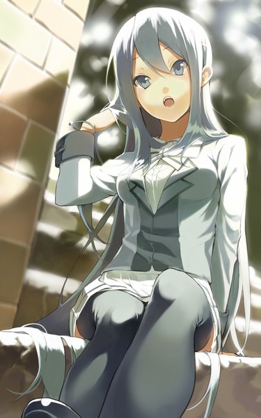 Anime picture 800x1280 with original leenim single long hair tall image looking at viewer fringe breasts open mouth grey hair arm support from below grey eyes adjusting hair light girl thighhighs black thighhighs bowtie