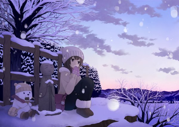 Anime picture 1500x1063 with original fujino iro long hair black hair sitting cloud (clouds) black eyes snowing winter snow eating cold girl gloves plant (plants) tree (trees) food jacket boots sweets