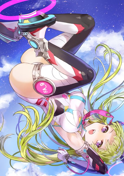 Anime picture 800x1132 with original kim eb single long hair tall image breasts open mouth light erotic purple eyes twintails sky cloud (clouds) green hair :o upside down girl gloves necktie elbow gloves boots