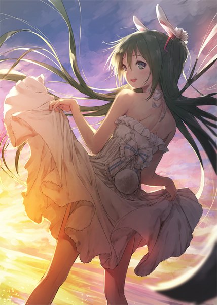 Anime picture 800x1120 with vocaloid hatsune miku ek masato single tall image looking at viewer blush fringe open mouth hair between eyes standing twintails bare shoulders animal ears sky cloud (clouds) outdoors tail very long hair head tilt