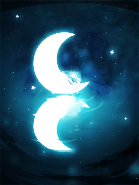 Anime picture 1000x1333 with original yuukichi single long hair tall image eyes closed reflection reclining crescent girl dress water star (stars)
