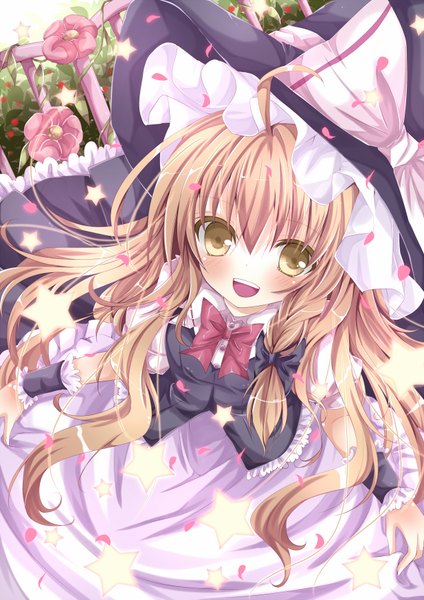 Anime picture 1234x1745 with touhou kirisame marisa nanase nao long hair tall image blush open mouth blonde hair yellow eyes girl dress skirt flower (flowers) bow petals star (symbol) witch hat skirt set