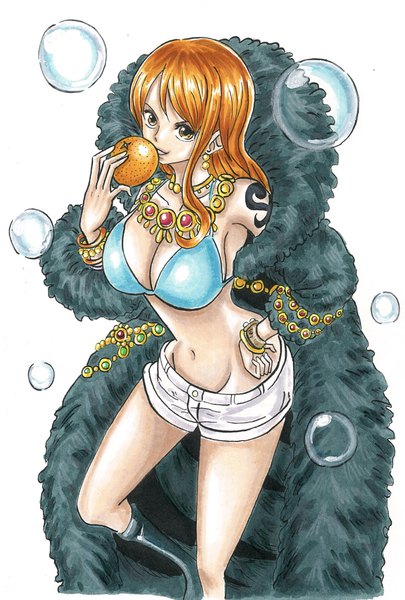 Anime picture 1384x2048 with one piece toei animation nami (one piece) stt0tr single long hair tall image looking at viewer fringe breasts light erotic simple background hair between eyes large breasts standing white background bare shoulders holding brown eyes cleavage