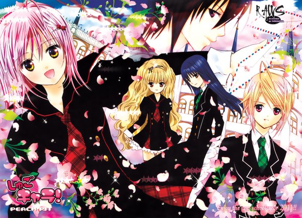 Anime picture 2640x1907 with shugo chara! hinamori amu tsukiyomi ikuto mashiro rima hotori tadase fujisaki nagihiko long hair highres short hair open mouth black hair blonde hair purple eyes brown eyes yellow eyes blue hair pink hair purple hair profile group