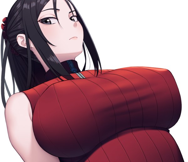 Anime picture 1017x874 with valkyria chronicles amase (yagami666) single long hair looking at viewer blush fringe breasts light erotic black hair simple background hair between eyes large breasts white background payot ponytail black eyes from below dutch angle covered nipples