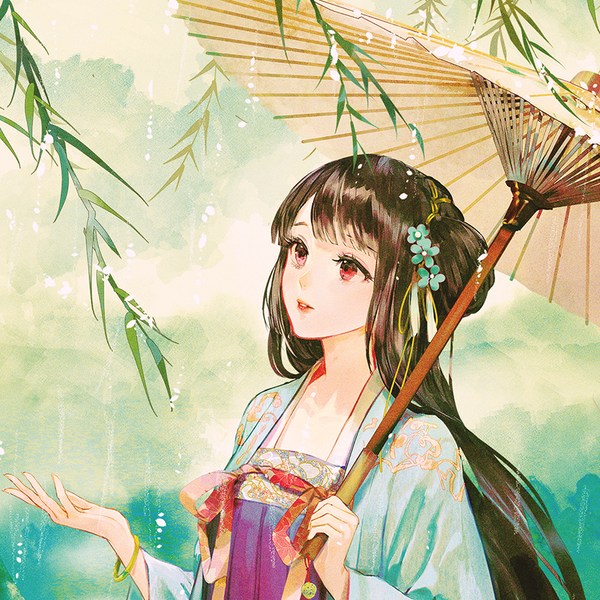 Anime picture 832x833 with original say hana single long hair tall image black hair red eyes looking away upper body outdoors traditional clothes chinese clothes rain girl hair ornament umbrella branch oriental umbrella hanfu