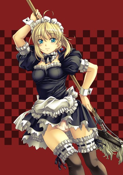 Anime picture 1061x1500 with fate (series) fate/stay night studio deen type-moon artoria pendragon (all) saber nagayori single tall image blush short hair blue eyes light erotic blonde hair smile ahoge maid red background checkered background girl