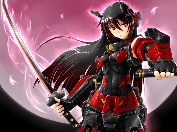 Anime picture 1600x1200 with cosmic break ouka (cosmic break) hakone (artist) long hair black hair red eyes girl weapon sword armor katana