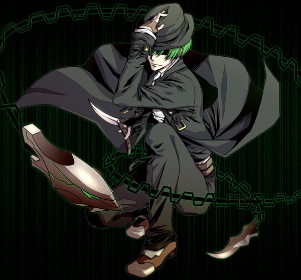 Anime picture 1024x954 with blazblue hazama tagme (artist) single short hair green hair boy weapon hat fingerless gloves suit knife