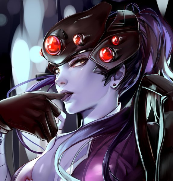 Anime picture 2031x2125 with overwatch blizzard entertainment widowmaker (overwatch) yaya (shizuku) single long hair tall image highres yellow eyes looking away cleavage purple hair ponytail lipstick portrait licking purple lipstick finger licking purple skin girl