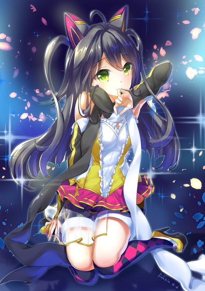 Anime picture 800x1132 with luzia single long hair tall image looking at viewer blush fringe black hair simple background smile hair between eyes sitting twintails green eyes signed animal ears full body bent knee (knees) long sleeves head tilt