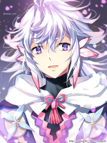 Anime picture 600x800 with fate (series) fate/grand order merlin (fate) trianon single tall image fringe short hair open mouth hair between eyes purple eyes signed looking away silver hair twitter username portrait boy petals