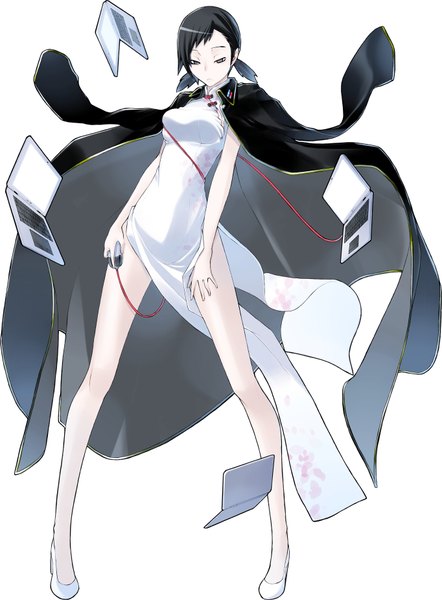 Anime picture 1364x1850 with shin megami tensei devil survivor 2 megami ibunroku devil survivor kanno fumi suzuhito yasuda single tall image looking at viewer highres short hair black hair simple background standing white background long sleeves black eyes from below sleeveless chinese clothes expressionless