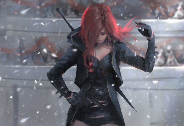 Anime-Bild 4500x3070 mit ghost blade lenia wlop single long hair fringe highres standing absurdres red hair eyes closed head tilt arm up wind blurry hair over one eye open jacket depth of field hand on hip girl