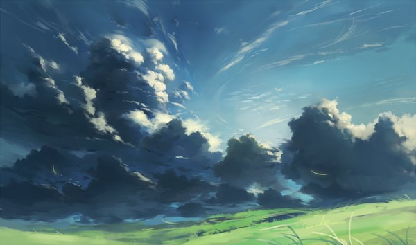 Anime picture 1300x767 with original huanxiang huifeng wide image sky cloud (clouds) wind no people landscape field plant (plants) grass