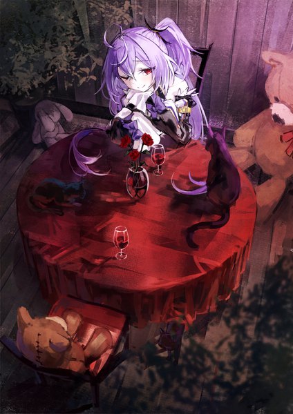 Anime picture 2894x4093 with virtual youtuber hiyoku no crosspiece shisui kiki yu hydra single tall image fringe highres smile hair between eyes red eyes sitting purple hair ahoge indoors very long hair from above one side up girl animal