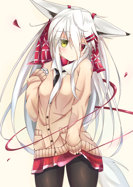 Anime picture 1600x2243 with original moai21 single long hair tall image blush fringe simple background hair between eyes red eyes animal ears yellow eyes looking away white hair tail animal tail pleated skirt fox ears heterochromia fox tail