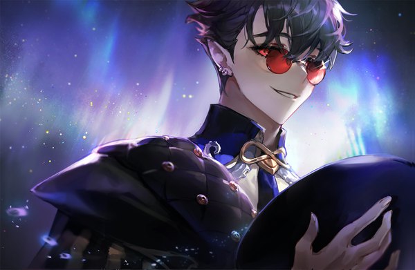 Anime picture 1370x892 with alchemy stars kleken (alchemy stars) mocca (mocca nine) single looking at viewer short hair black hair smile red eyes upper body pointy ears from below grin piercing ear piercing hat removed headwear removed boy sunglasses