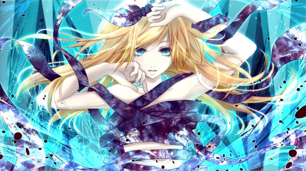 Anime picture 1400x788 with vocaloid kagamine rin aonoe long hair blue eyes blonde hair wide image girl bow ribbon (ribbons)