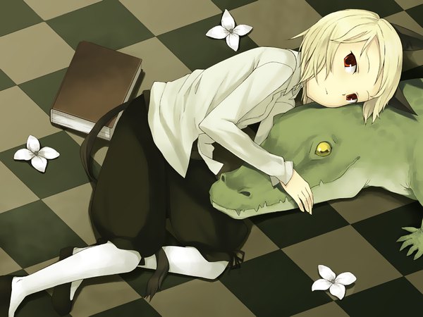 Anime picture 1200x900 with original ikura hato short hair blonde hair red eyes yellow eyes lying checkered floor checkered background girl flower (flowers) animal book (books) reptile