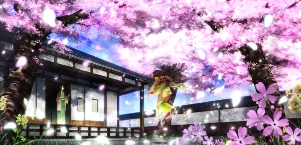Anime picture 1437x693 with original tottome long hair black hair wide image traditional clothes from behind cherry blossoms scenic weightlessness girl boy flower (flowers) plant (plants) petals tree (trees) building (buildings) yukata japanese house