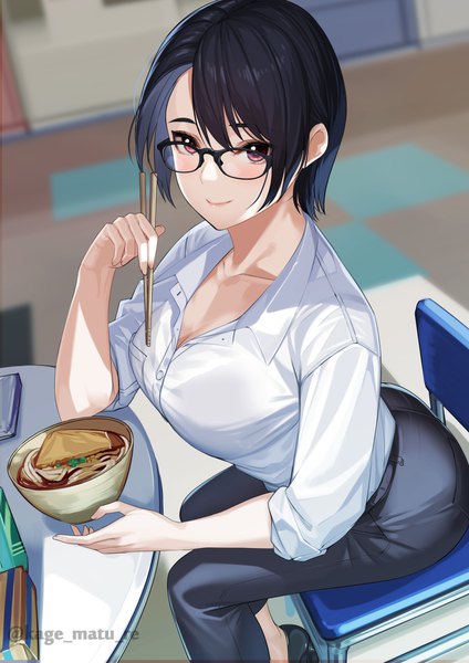 Anime picture 1736x2456 with original kagematsuri single tall image looking at viewer blush fringe highres short hair breasts black hair smile hair between eyes holding signed indoors pink eyes blurry depth of field twitter username