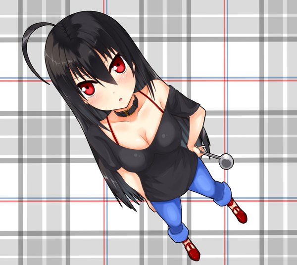 Anime picture 1849x1654 with chuunibyou demo koi ga shitai! kyoto animation takanashi touka uke (artist) single long hair blush highres light erotic black hair red eyes bare shoulders ahoge girl shoes pants collar t-shirt ladle