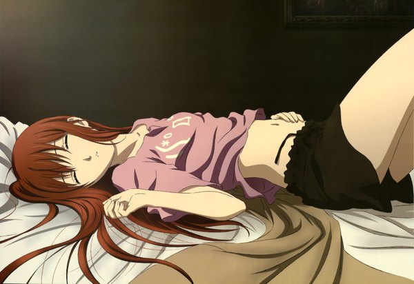 Anime picture 5939x4084 with steins;gate white fox nyantype makise kurisu single long hair highres brown hair absurdres lying eyes closed official art sleeping girl skirt navel miniskirt