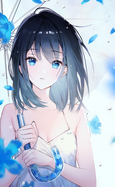 Anime picture 900x1460 with original naru (ul) single tall image looking at viewer fringe short hair breasts blue eyes black hair bare shoulders holding upper body parted lips girl petals umbrella water drop