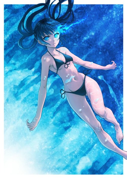 Anime picture 1191x1684 with black rock shooter black rock shooter (character) puma (hyuma1219) single long hair tall image looking at viewer fringe breasts blue eyes light erotic black hair twintails bare shoulders bent knee (knees) barefoot bare belly bare legs no shoes glowing