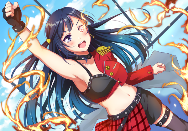 Anime picture 1200x839 with love live! nijigasaki high school idol club sunrise (studio) love live! yuuki setsuna (love live!) qy single long hair looking at viewer blush fringe open mouth light erotic standing blue hair sky cloud (clouds) :d pleated skirt arm up armpit (armpits)