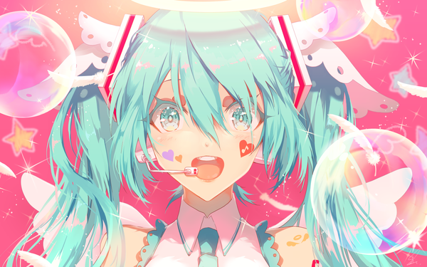 Anime picture 1500x938 with vocaloid hatsune miku saihate (d3) single long hair looking at viewer fringe open mouth hair between eyes twintails upper body aqua eyes aqua hair teeth sparkle girl wings headphones star (symbol) feather (feathers)